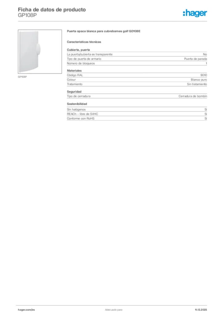 Imagen Hager Ficha de datos de producto GP108P | Hager España
