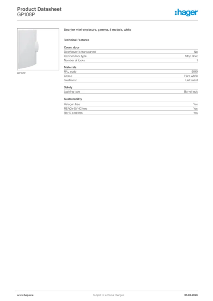 Image Hager Product data sheet GP108P  | Hager