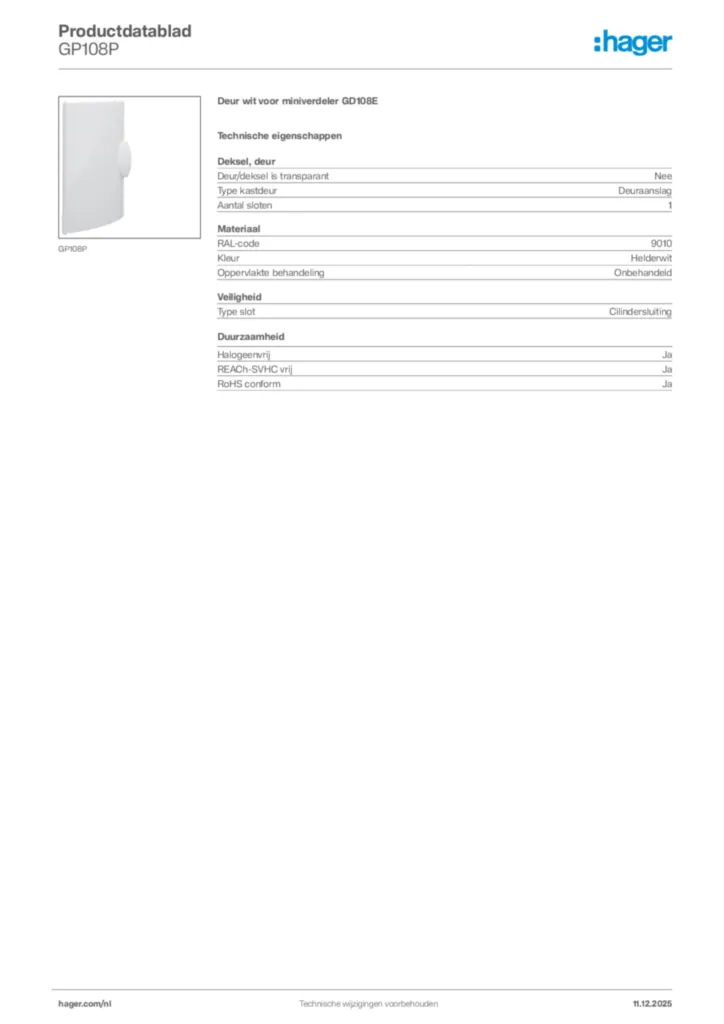 Afbeelding Hager Productdatablad GP108P | Hager Nederland