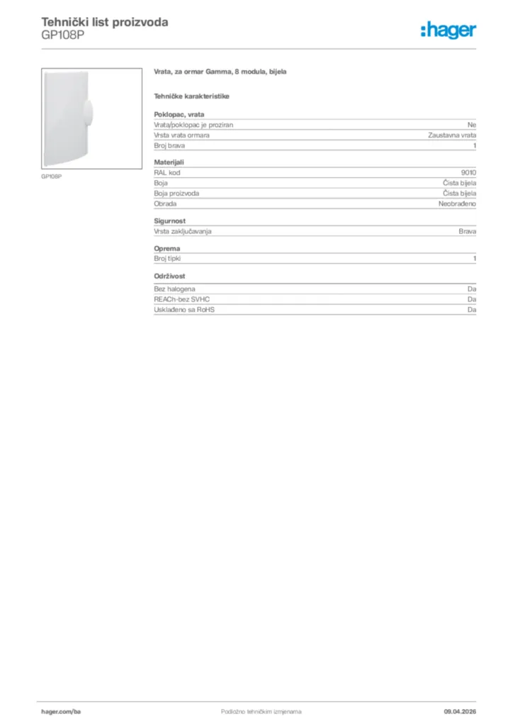 Slika Hager Tehnički list proizvoda GP108P  | Hager