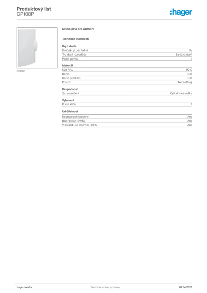 Obrázek Hager Product data sheet GP108P | Hager