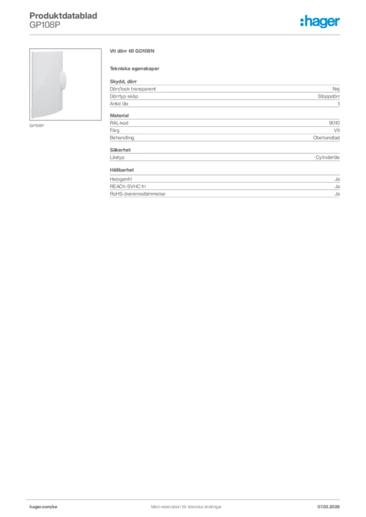 Bild Hager Produktdatablad GP108P | Hager Sverige