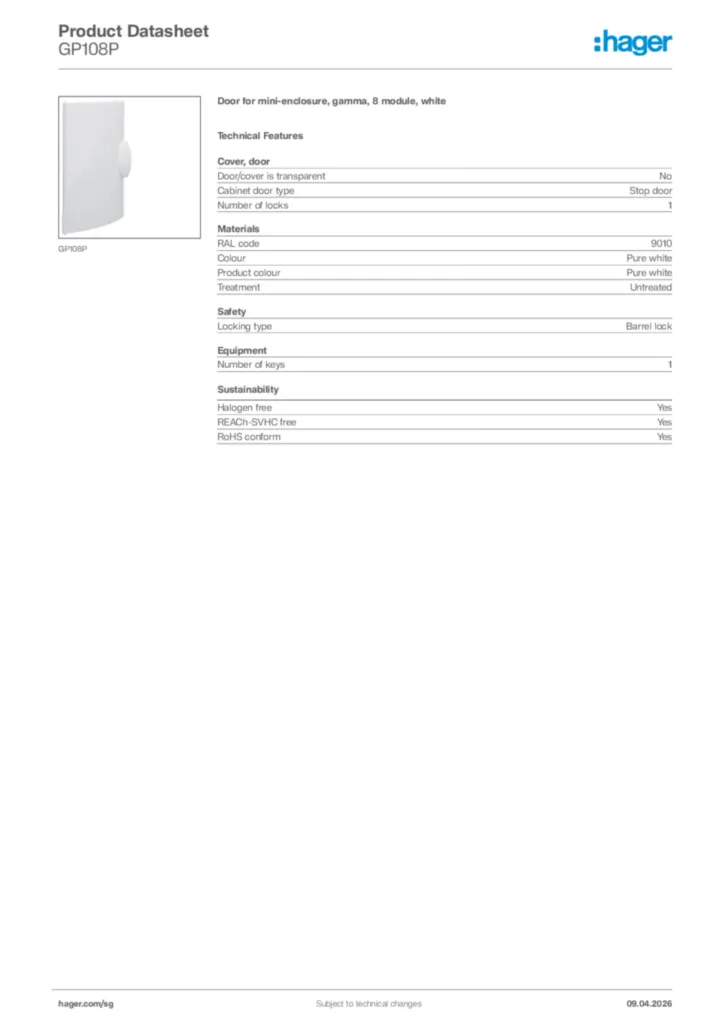 Image Hager Product data sheet GP108P  | Hager