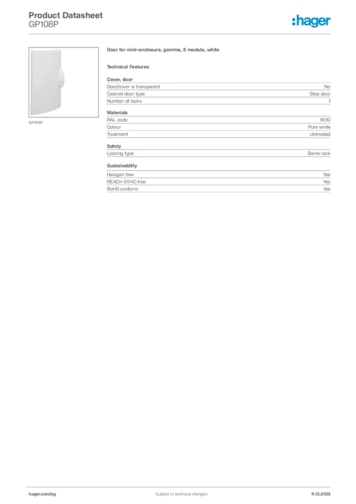 Image Hager Product data sheet GP108P  | Hager