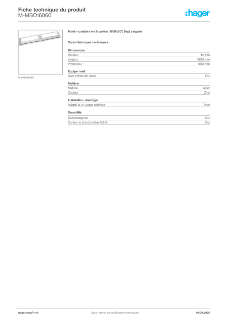 Image Hager Fiche technique du produit M-MBO16060 | Hager Suisse