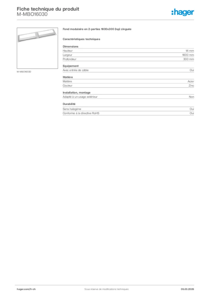 Image Hager Fiche technique du produit M-MBO16030 | Hager Suisse