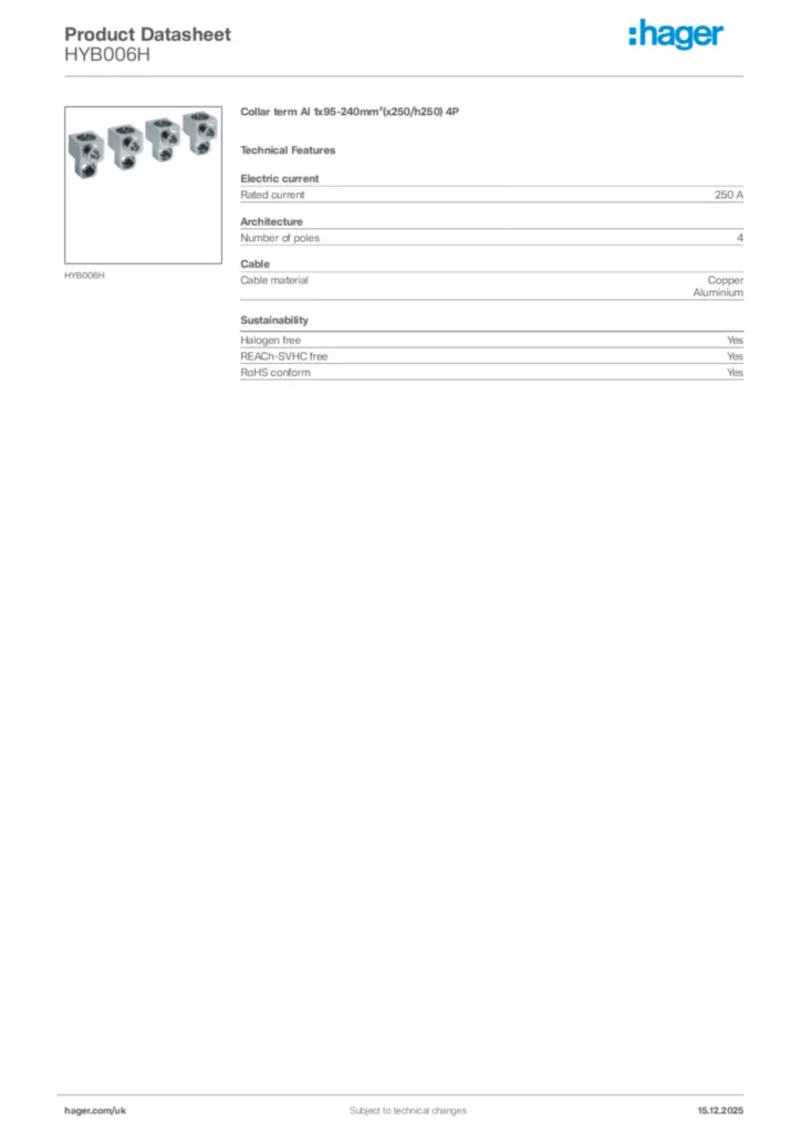 Image Hager Product data sheet HYB006H  | Hager