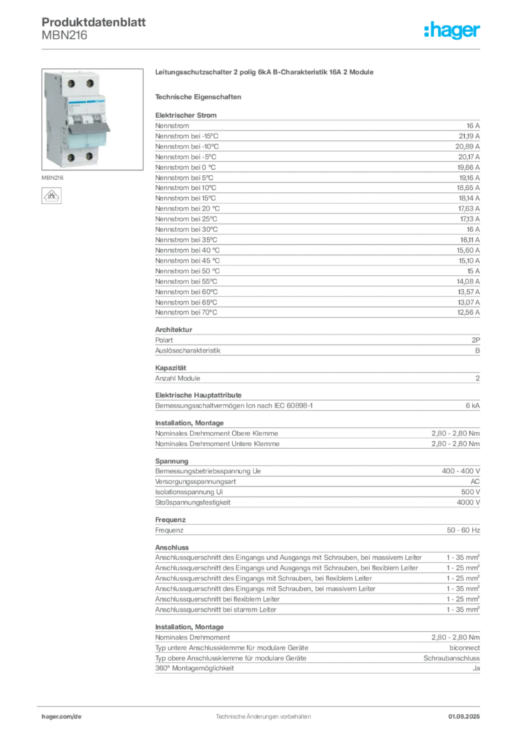Bild Hager Produktdatenblatt MBN216 | Hager Deutschland