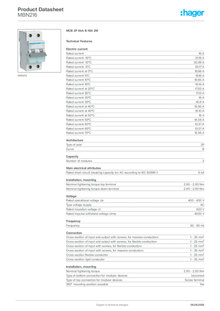 Image Hager Product data sheet MBN216  | Hager