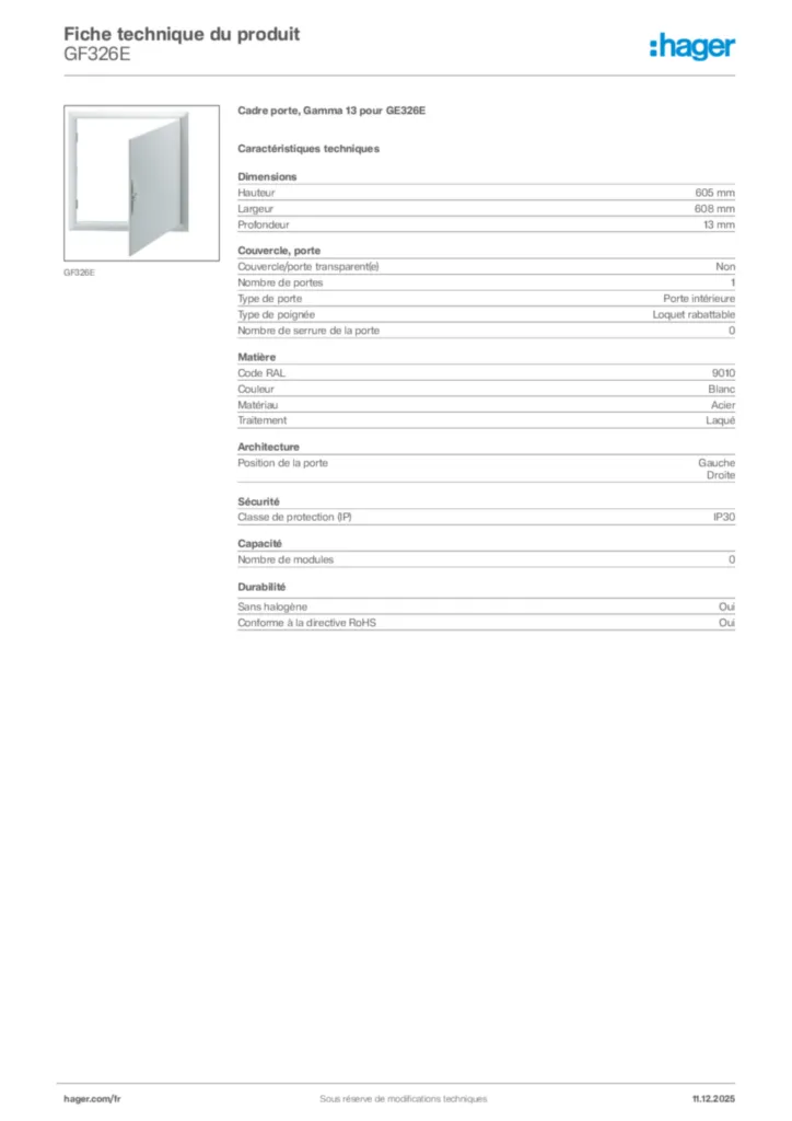 Image Hager Fiche technique du produit GF326E | Hager France