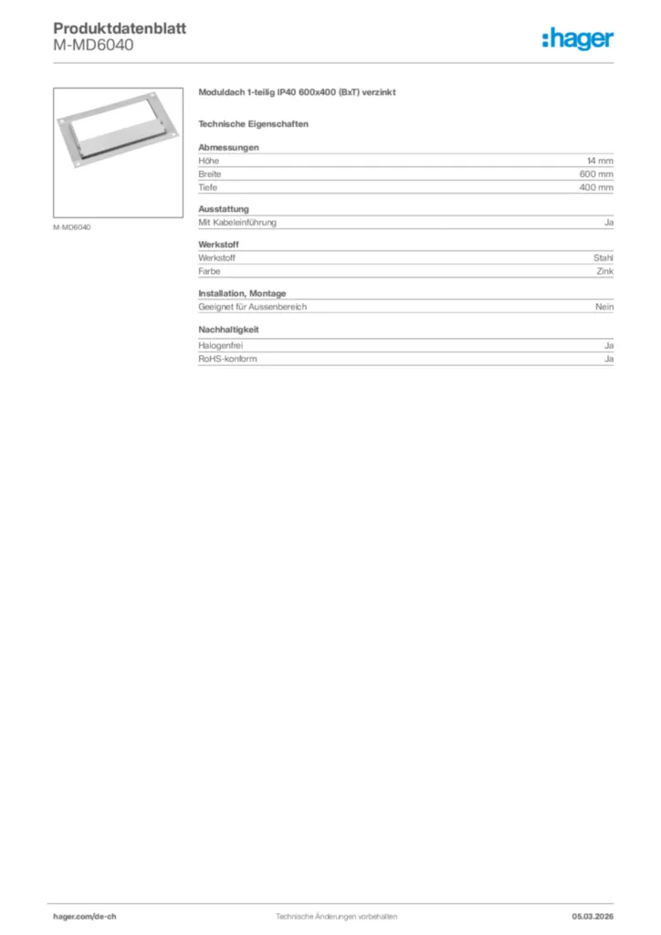 Bild Hager Produktdatenblatt M-MD6040 | Hager Schweiz