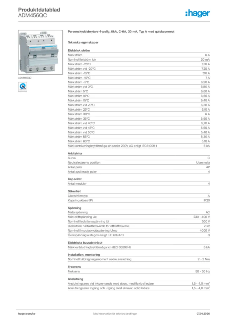 Bild Hager Produktdatablad ADM456QC | Hager Sverige