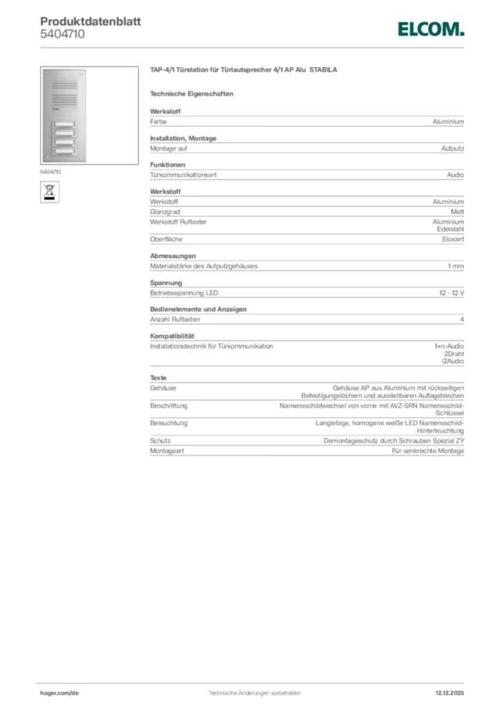 Bild Elcom Produktdatenblatt 5404710 | Hager Deutschland