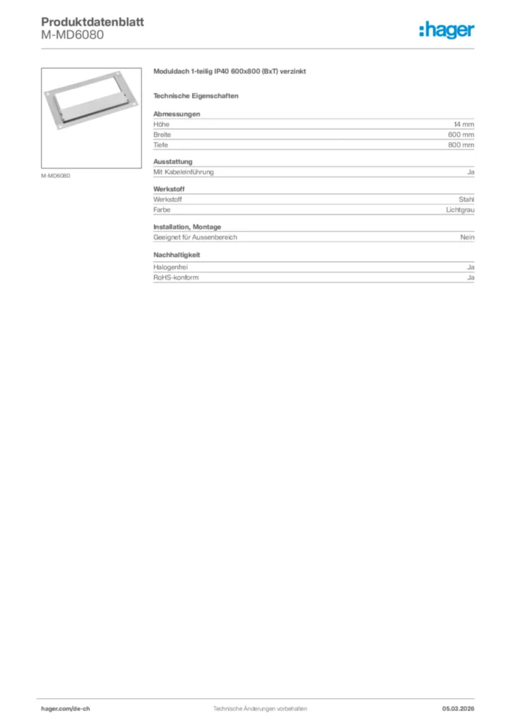 Bild Hager Produktdatenblatt M-MD6080 | Hager Schweiz