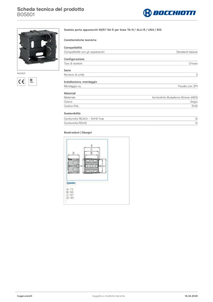 Immagine Bocchiotti Scheda tecnica del prodotto B05801 | Hager Italia