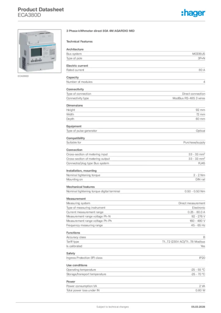 Image Hager Product data sheet ECA380D  | Hager Africa