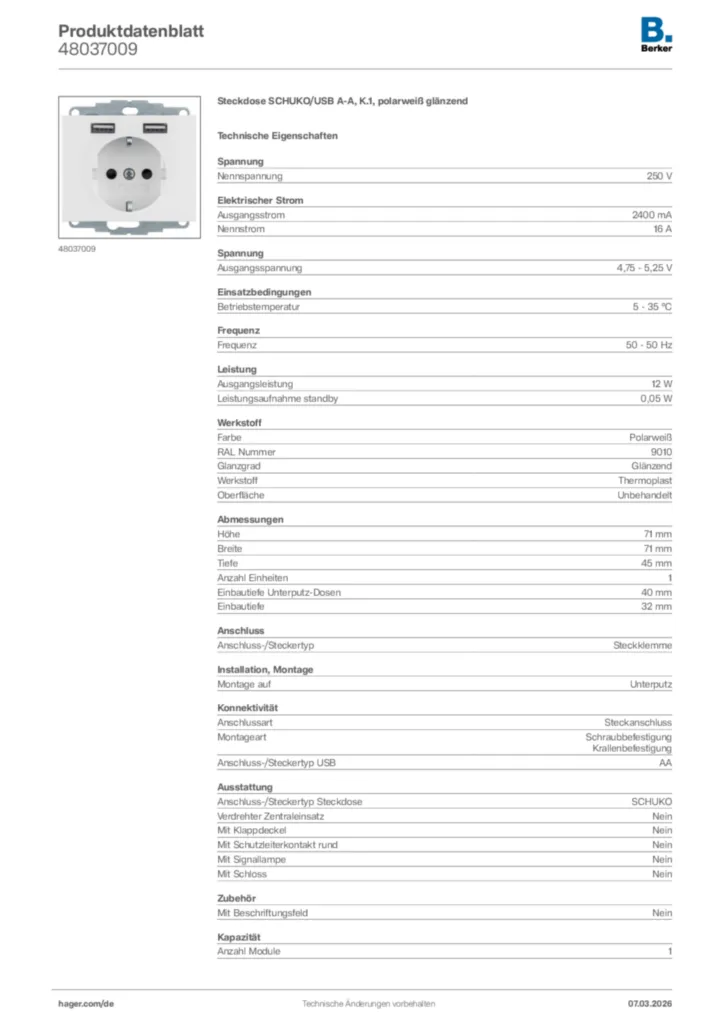 Bild Berker Produktdatenblatt 48037009 | Hager Deutschland