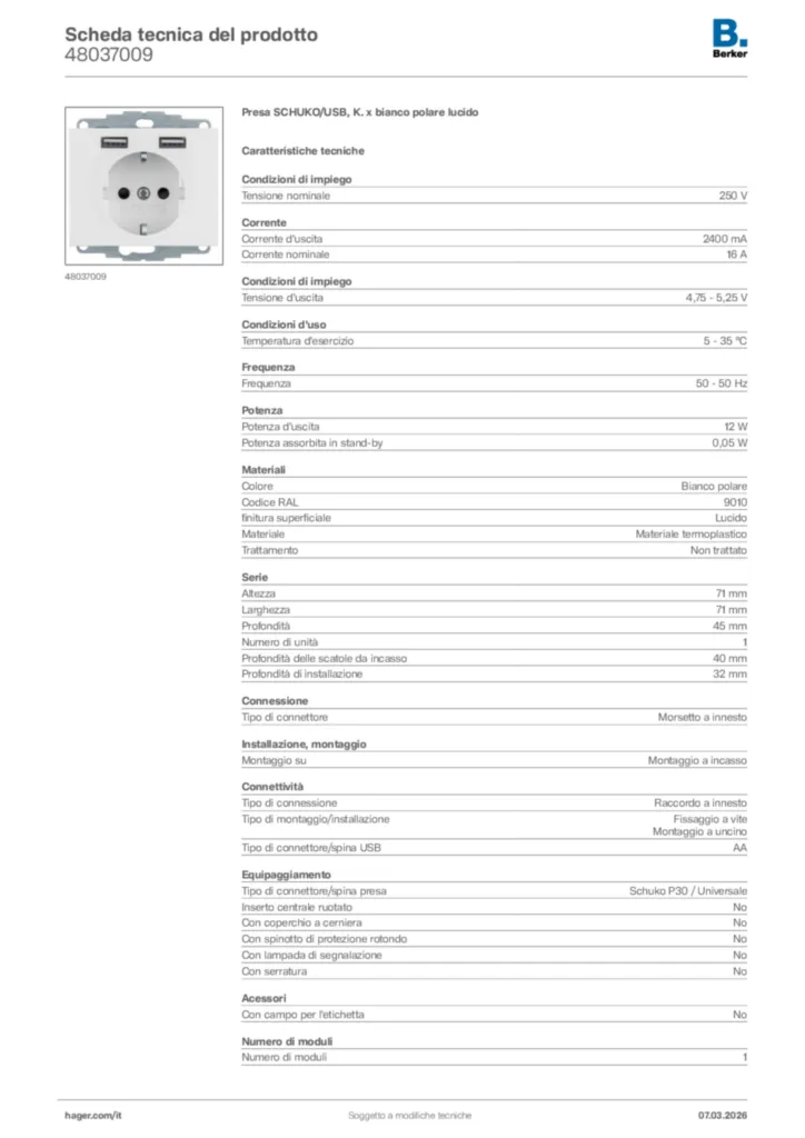 Immagine Berker Scheda tecnica del prodotto 48037009 | Hager Italia