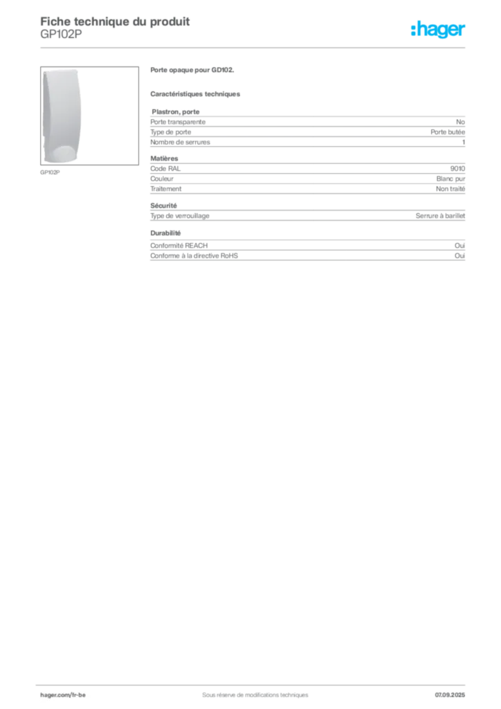 Image Hager Fiche technique du produit GP102P | Hager Belgique