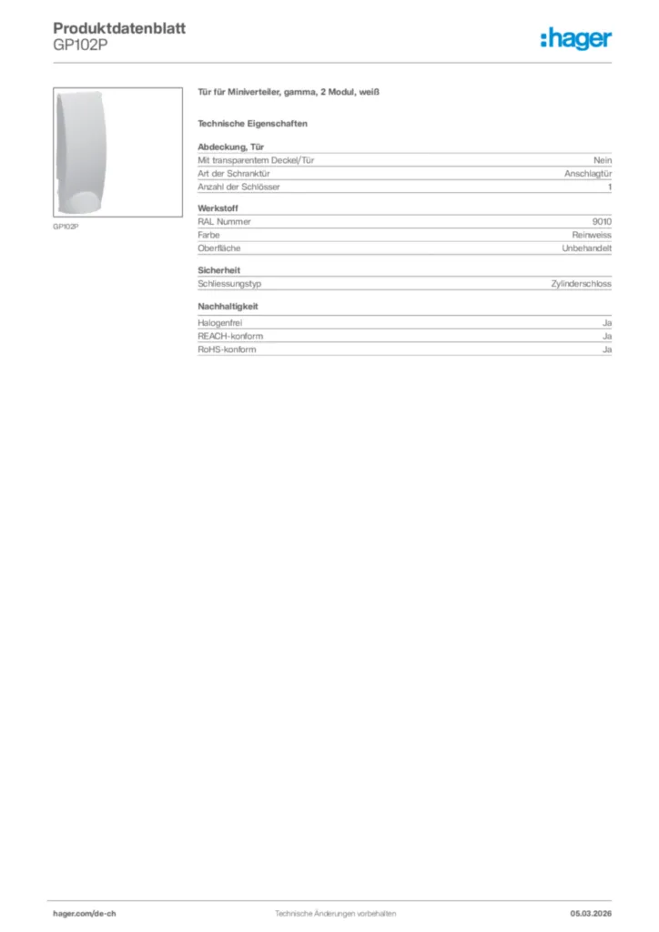 Bild Hager Produktdatenblatt GP102P | Hager Schweiz