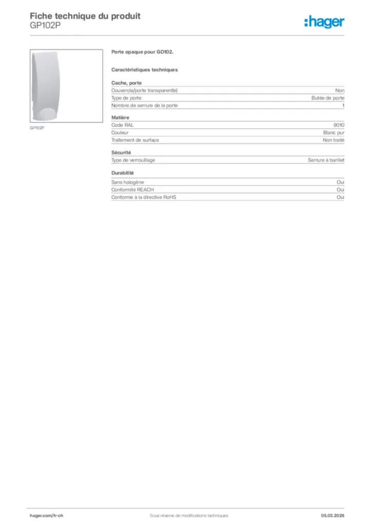 Image Hager Fiche technique du produit GP102P | Hager Suisse