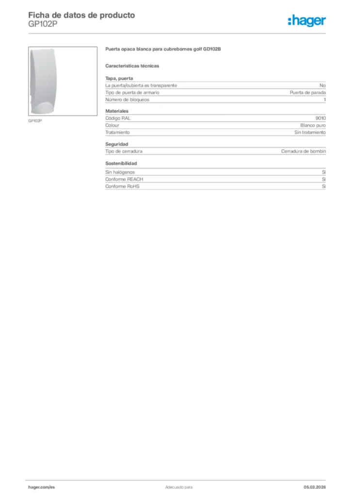 Imagen Hager Ficha de datos de producto GP102P | Hager España