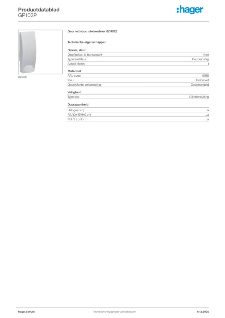 Afbeelding Hager Productdatablad GP102P | Hager Nederland