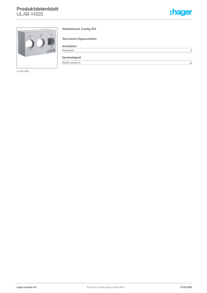 Bild Hager Produktdatenblatt ULAB-H325 | Hager Schweiz