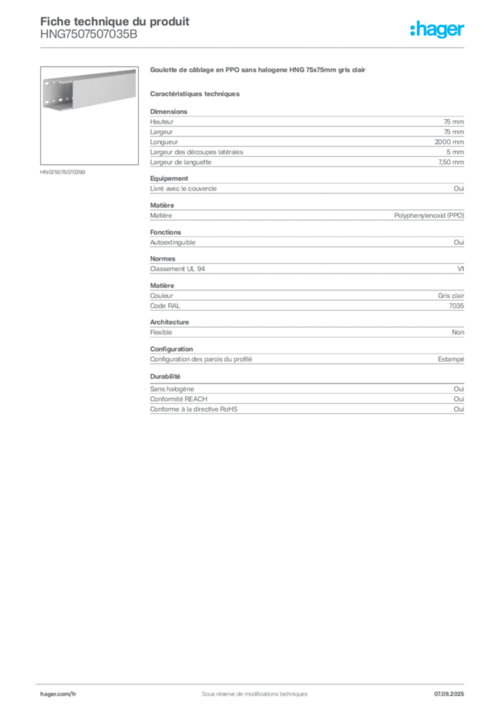 Image Hager Fiche technique du produit HNG7507507035B | Hager France