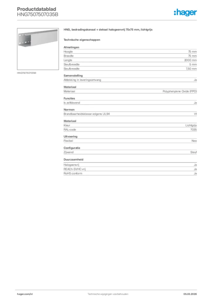 Afbeelding Hager Productdatablad HNG7507507035B | Hager Nederland