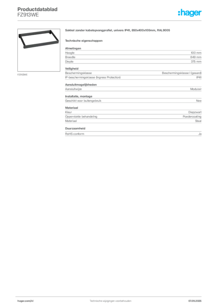 Afbeelding Hager Productdatablad FZ913WE | Hager Nederland