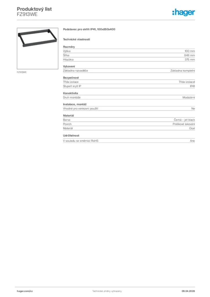 Obrázek Hager Product data sheet FZ913WE | Hager