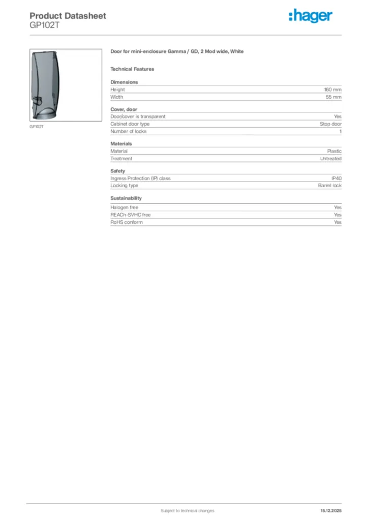 Image Hager Product data sheet GP102T  | Hager Africa