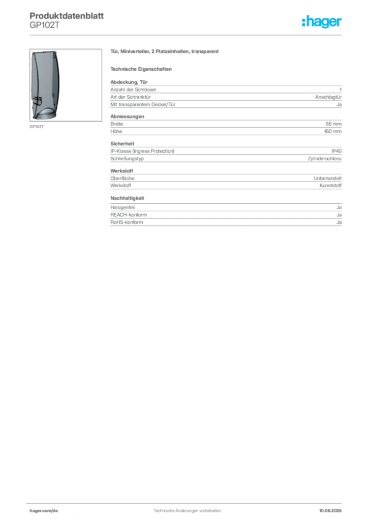Bild Hager Produktdatenblatt GP102T | Hager Deutschland