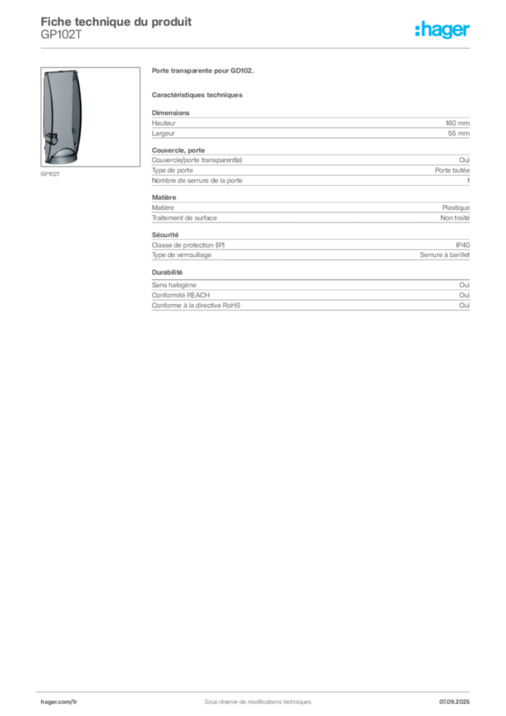 Image Hager Fiche technique du produit GP102T | Hager France