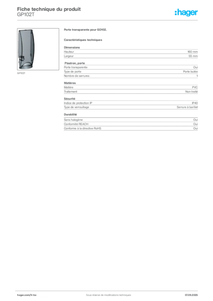 Image Hager Fiche technique du produit GP102T | Hager Belgique