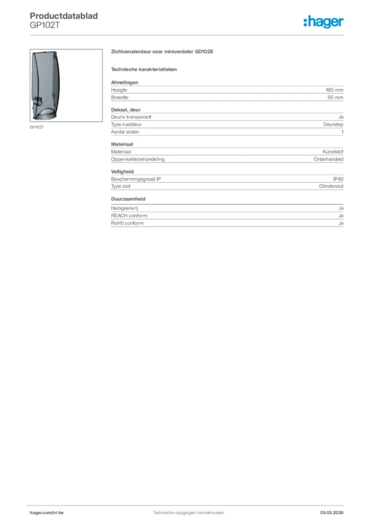 Afbeelding Hager Productdatablad GP102T | Hager Belgium