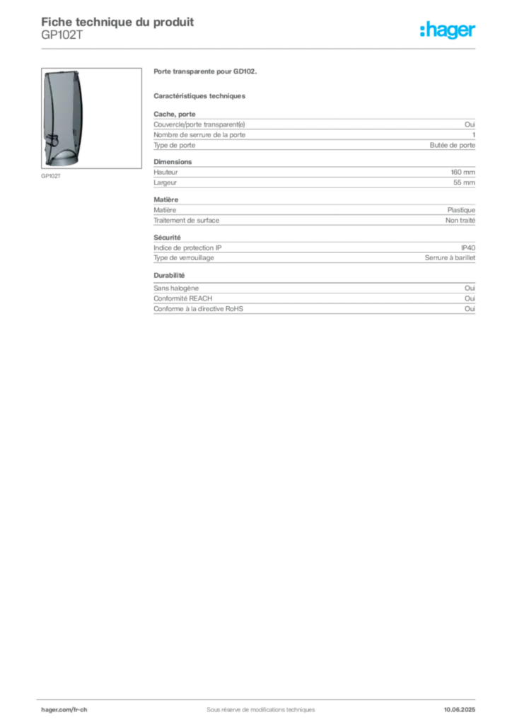 Image Hager Fiche technique du produit GP102T | Hager Suisse