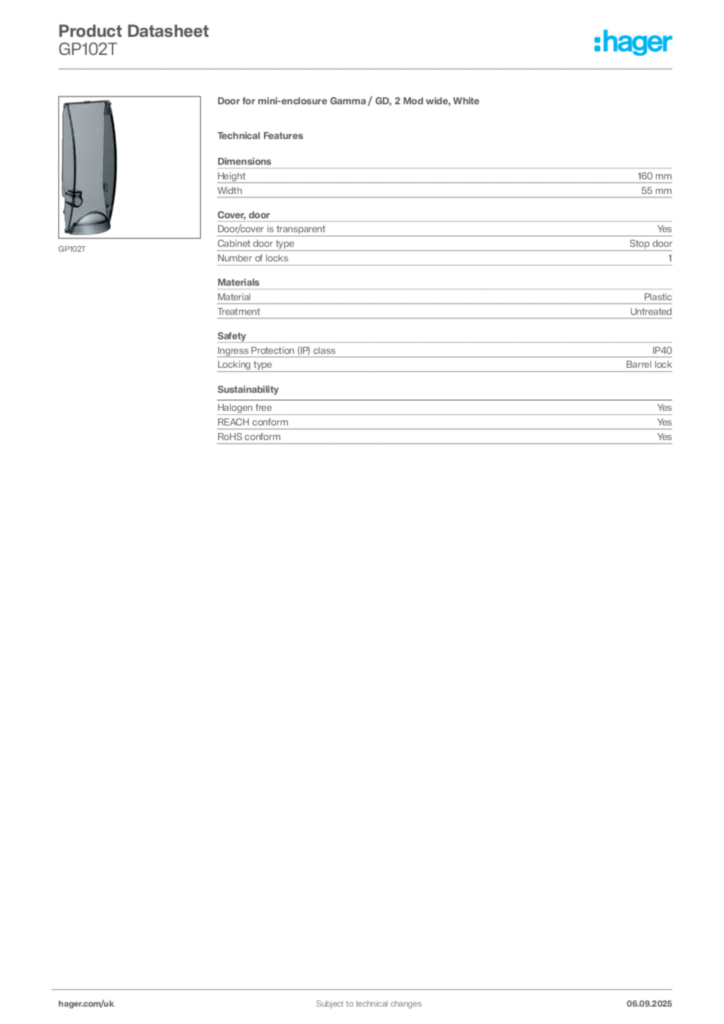 Image Hager Product data sheet GP102T  | Hager