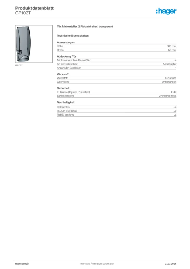 Bild Hager Produktdatenblatt GP102T | Hager Deutschland