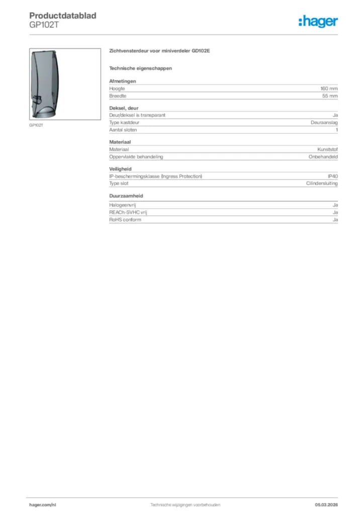 Afbeelding Hager Productdatablad GP102T | Hager Nederland