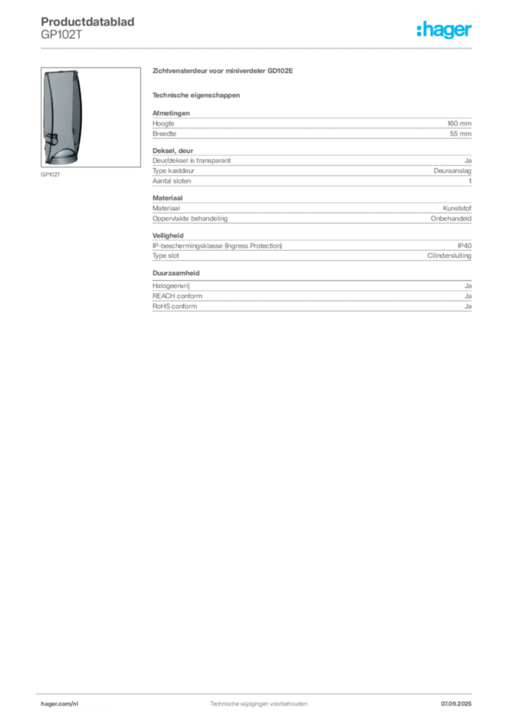 Afbeelding Hager Productdatablad GP102T | Hager Nederland