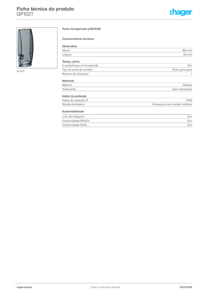 Imagem Hager Ficha técnica do produto GP102T | Hager Portugal