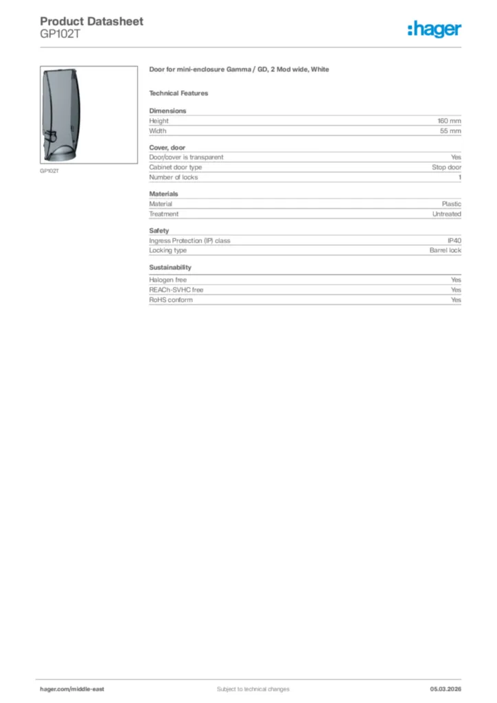Image Hager Product data sheet GP102T  | Hager