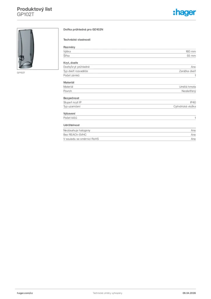 Obrázek Hager Product data sheet GP102T | Hager