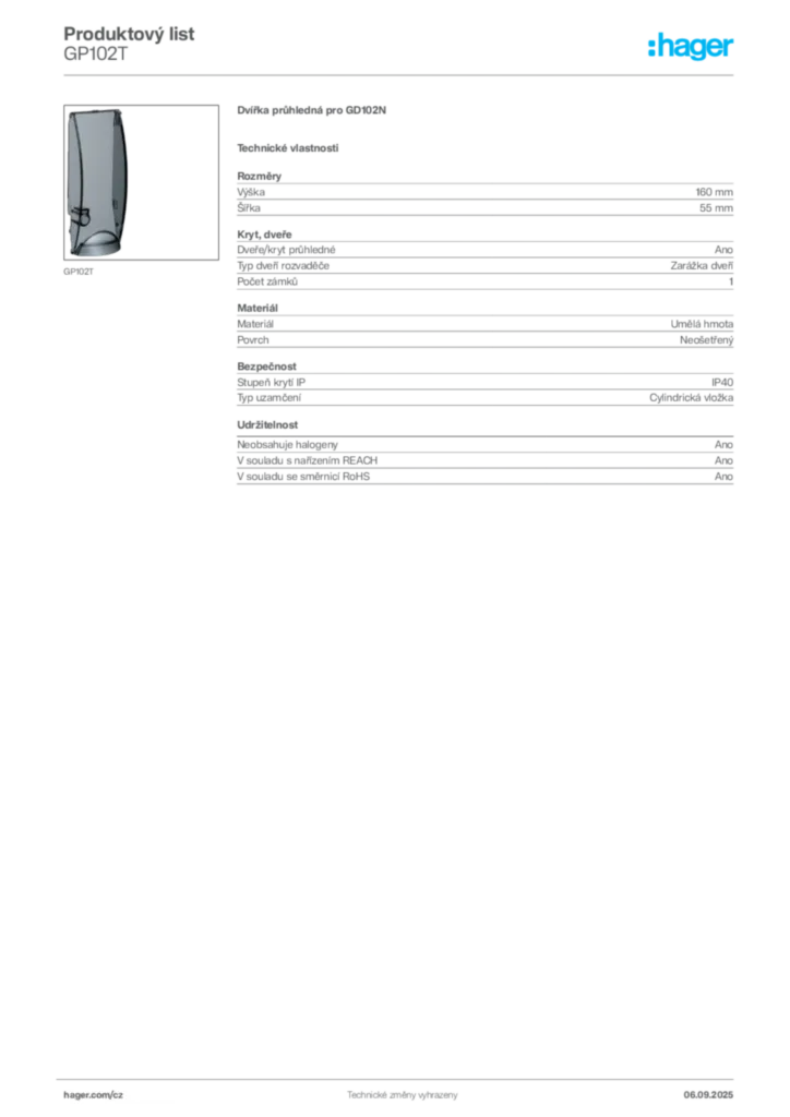 Obrázek Hager Produktový list GP102T | Hager