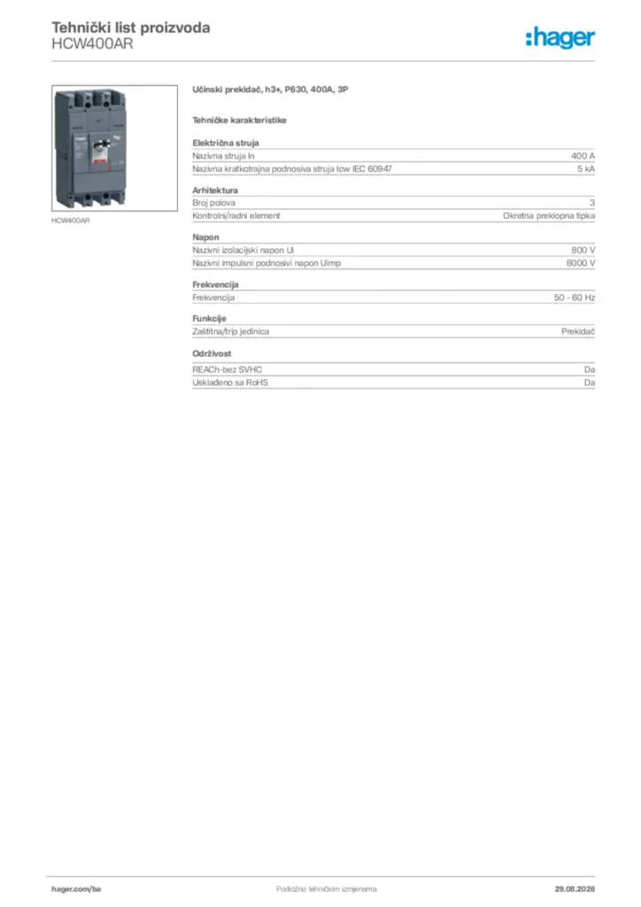 Slika Hager Tehnički list proizvoda HCW400AR  | Hager