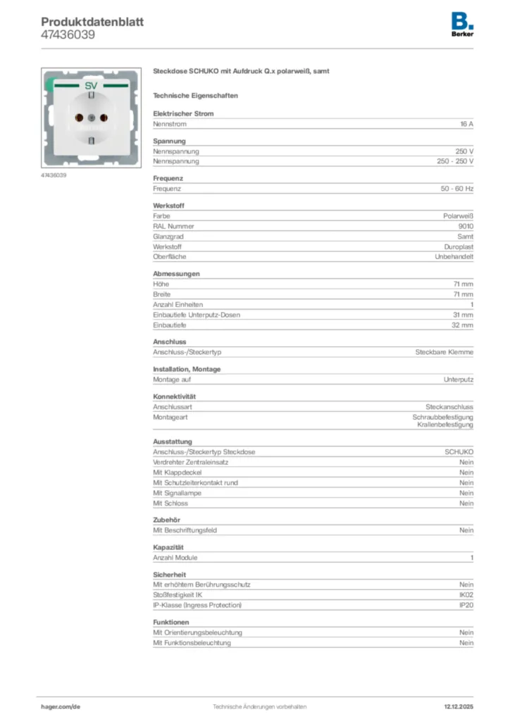 Bild Berker Produktdatenblatt 47436039 | Hager Deutschland