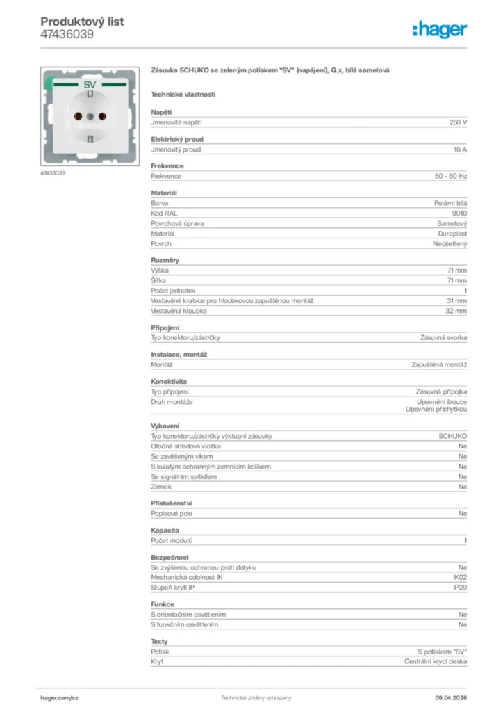 Obrázek Hager Product data sheet 47436039 | Hager