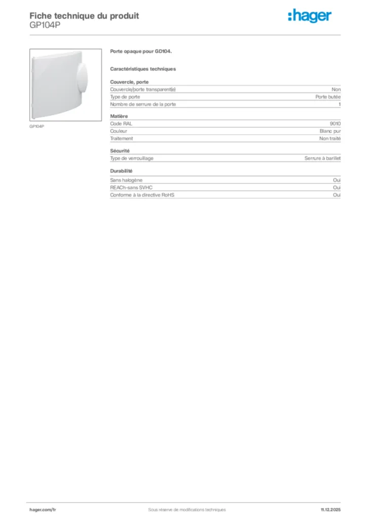 Image Hager Fiche technique du produit GP104P | Hager France